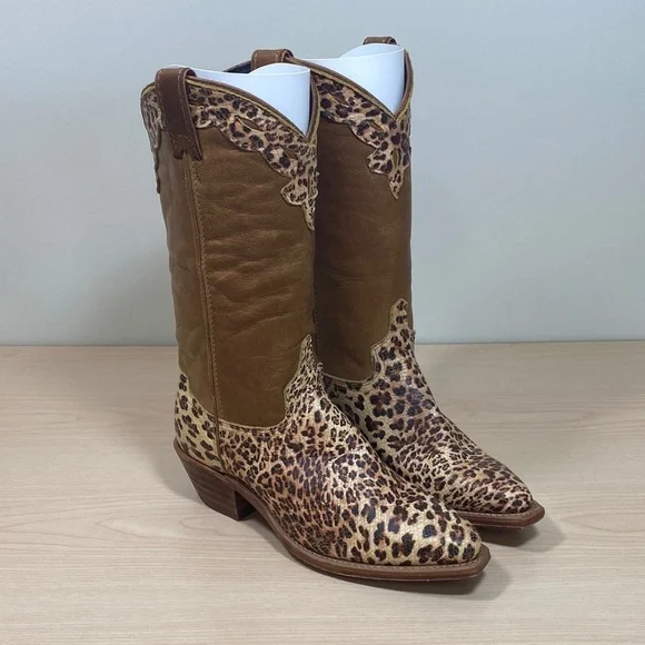 Abilene Boot Co. Tan and Leopard Print Heeled Boots - Picture 1 of 9